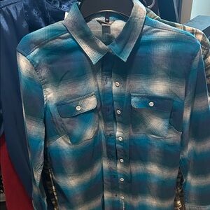 Eddie Bauer Teal and White Plaid Men's Shirt